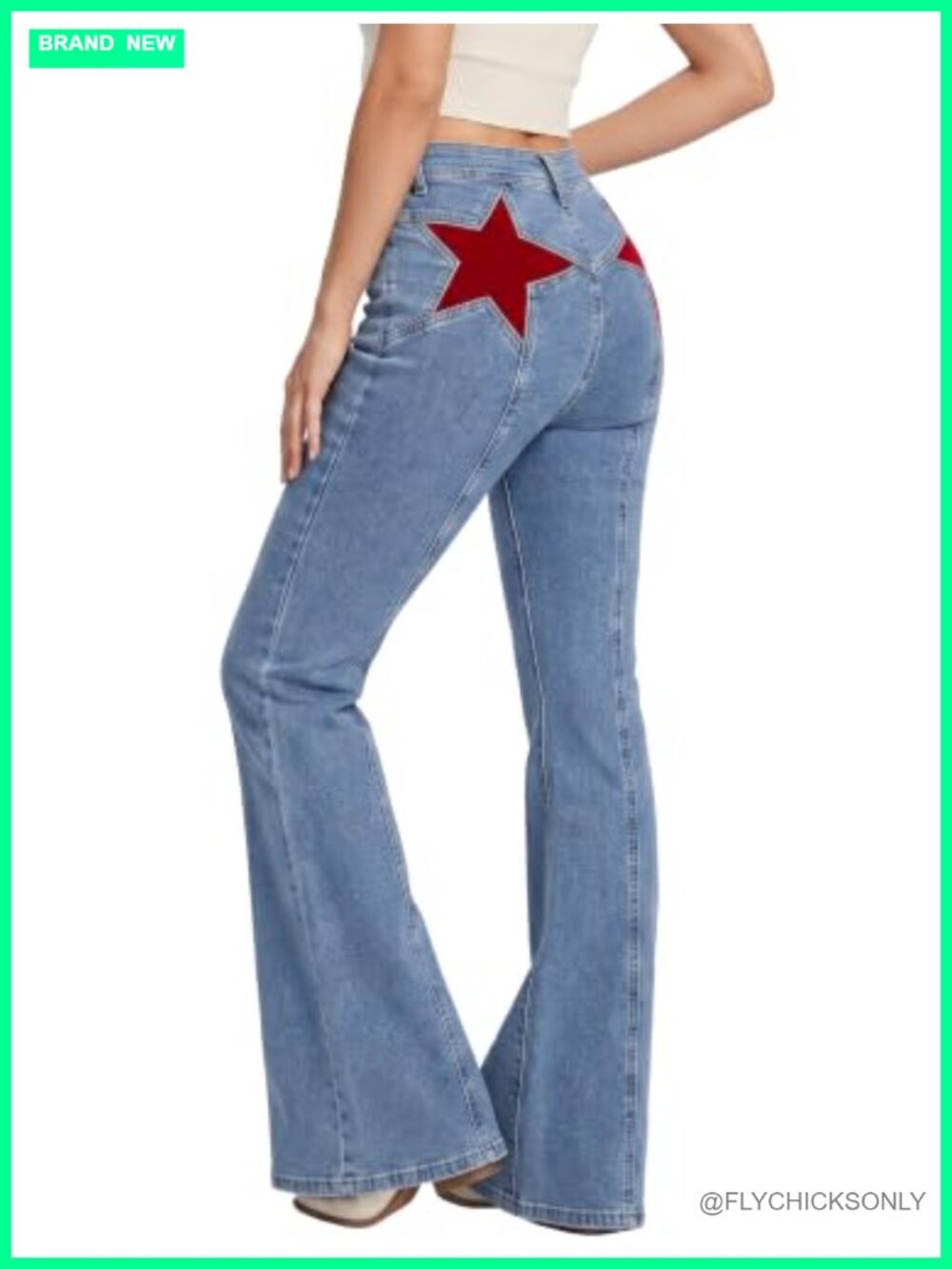 High Waisted Flare Jeans with Star Patches Stretch Denim Y2K